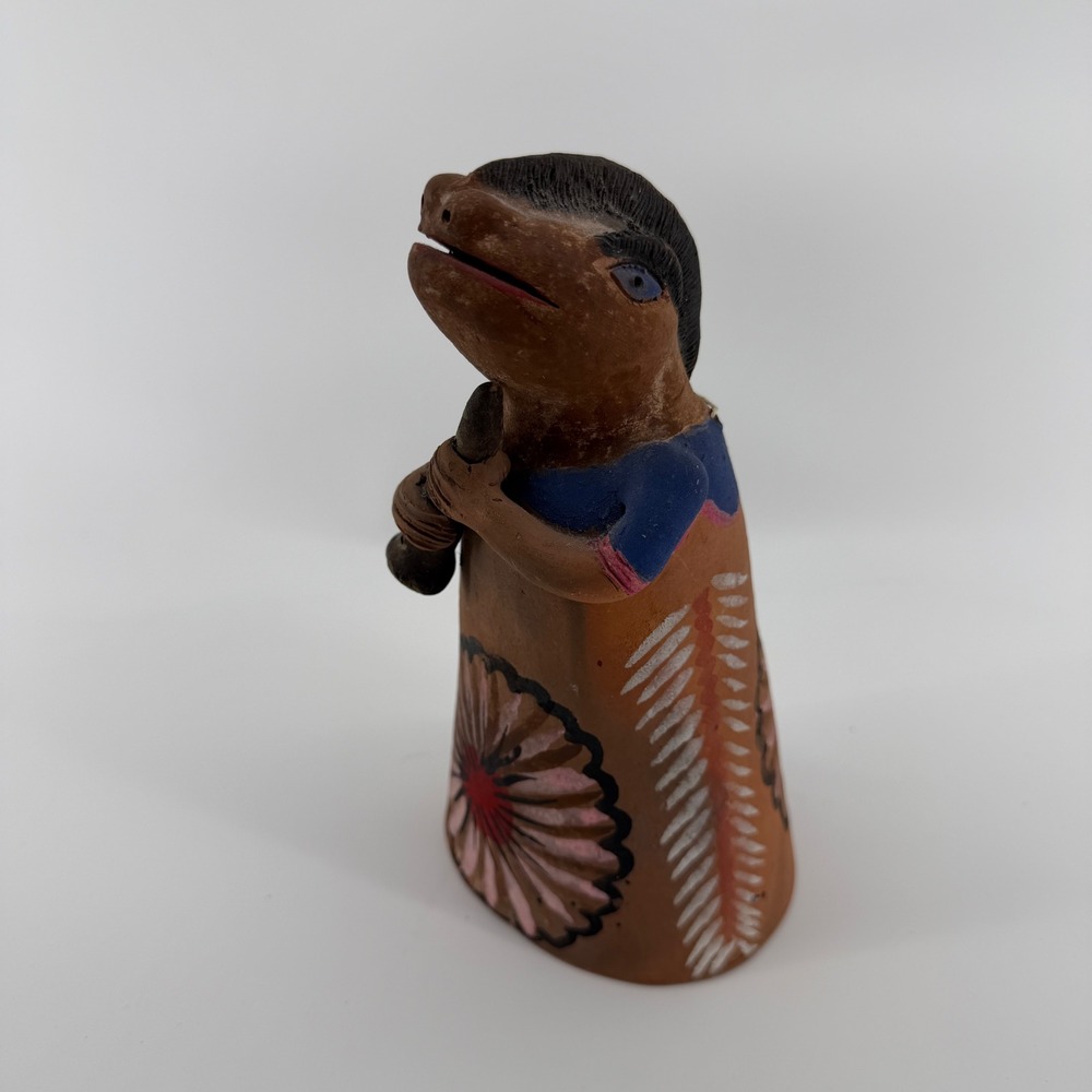 Vintage Mexican Folk Art Pottery Bell Flute Playing Lizard Iguana Hand Painted